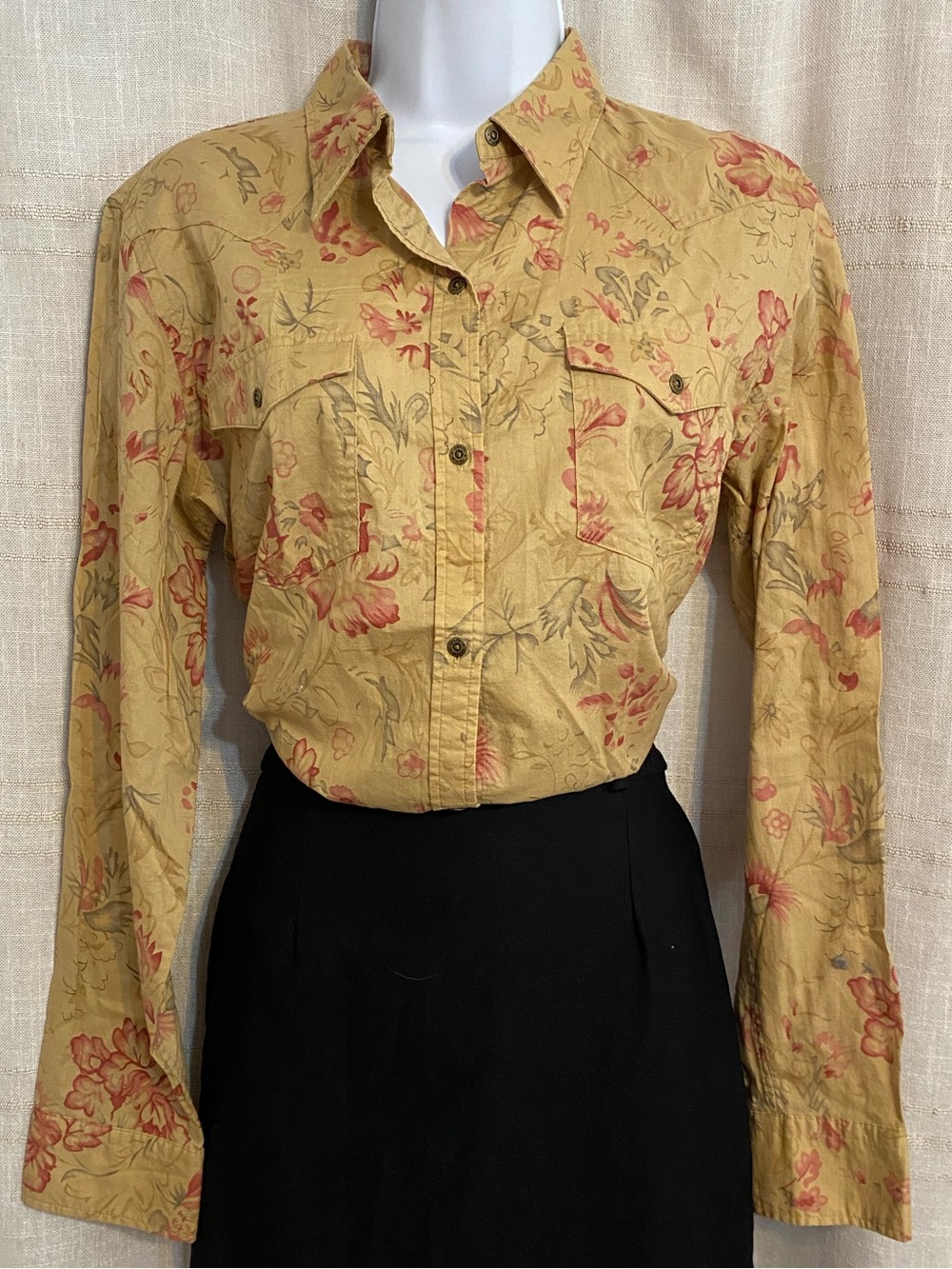 Chaps Denim Tan Western Yellow Red Floral Cotton Button Down Shirt Large L